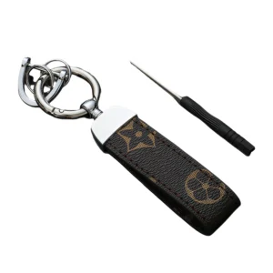 Leather Key Ring FLR Brown + Silver
